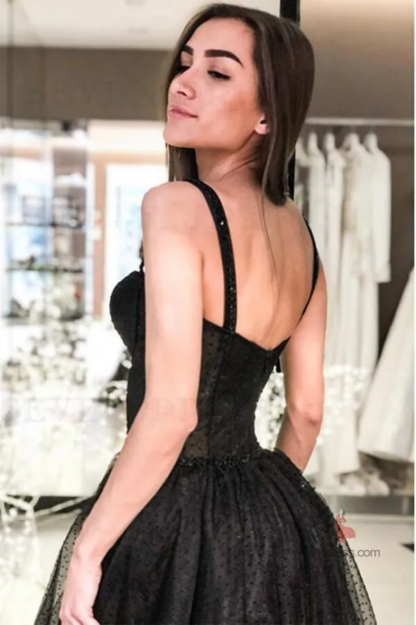 Black A-line Sleeveless Spaghetti Straps Long Prom Dresses, Evening Dresses, SP656