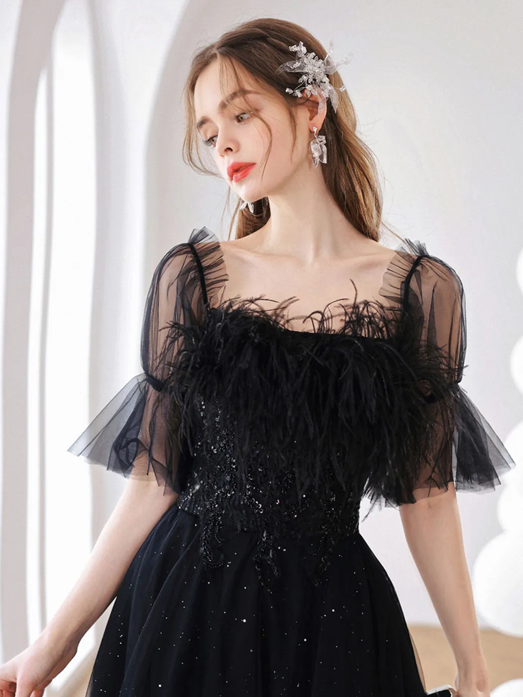 Black A line Tulle Long Prom Dress Black Tulle Formal Evening Dresses