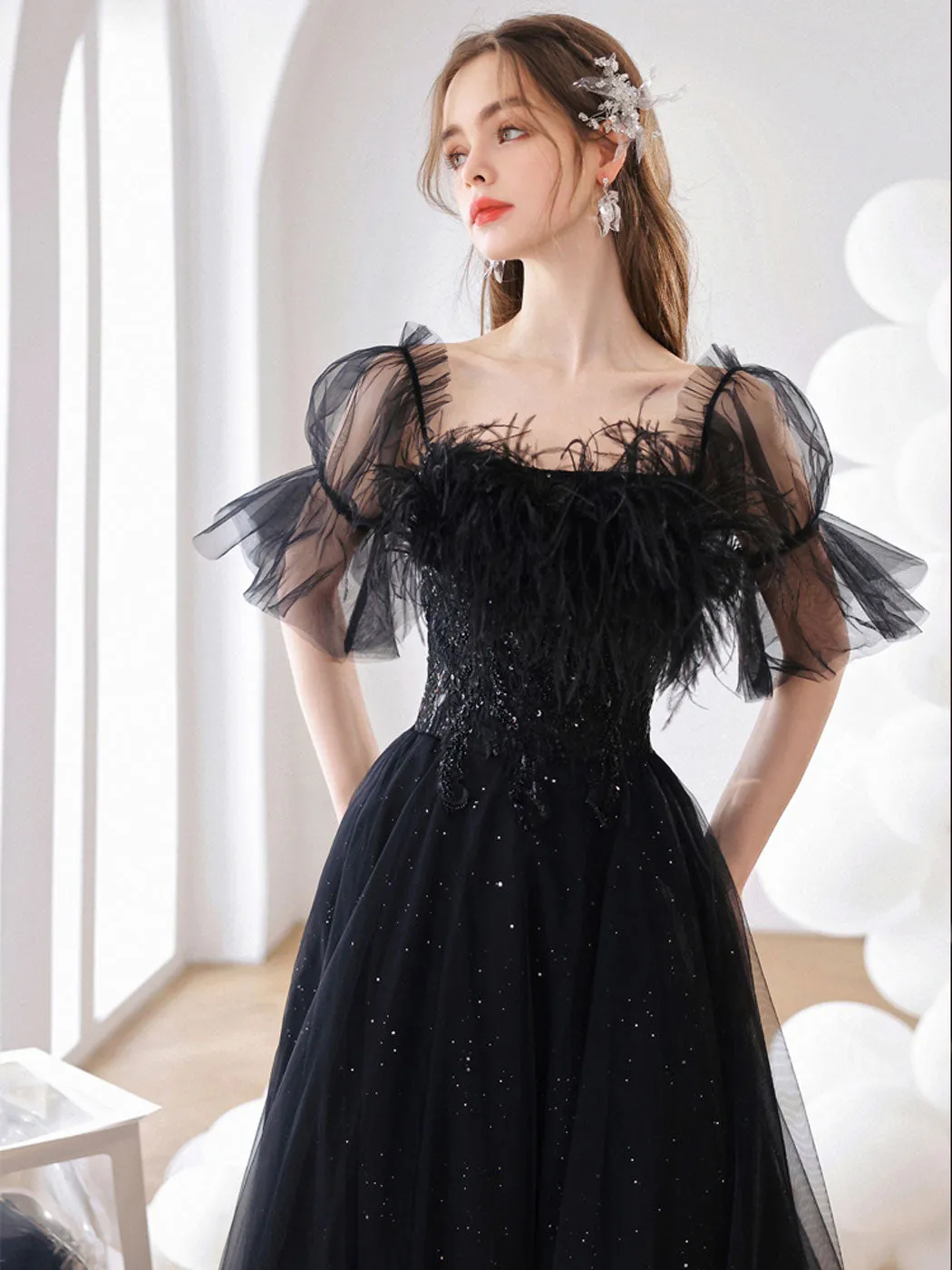 Black A line Tulle Long Prom Dress Black Tulle Formal Evening Dresses