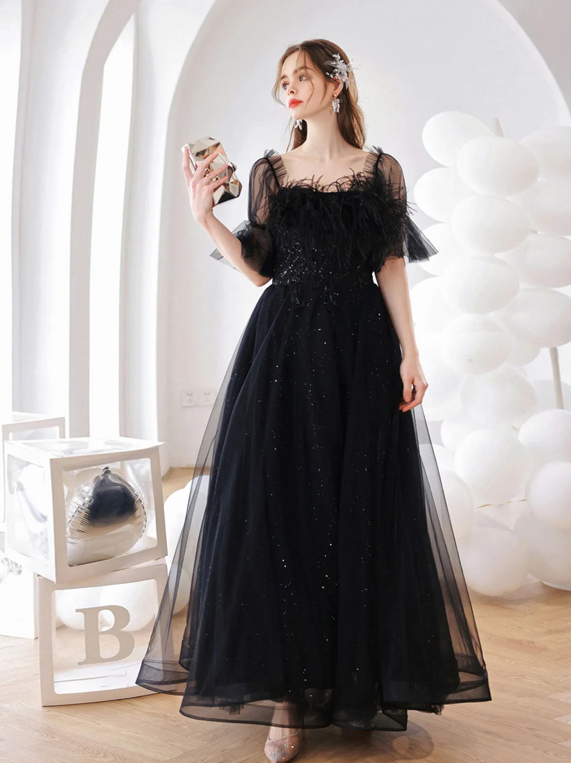 Black A line Tulle Long Prom Dress Black Tulle Formal Evening Dresses