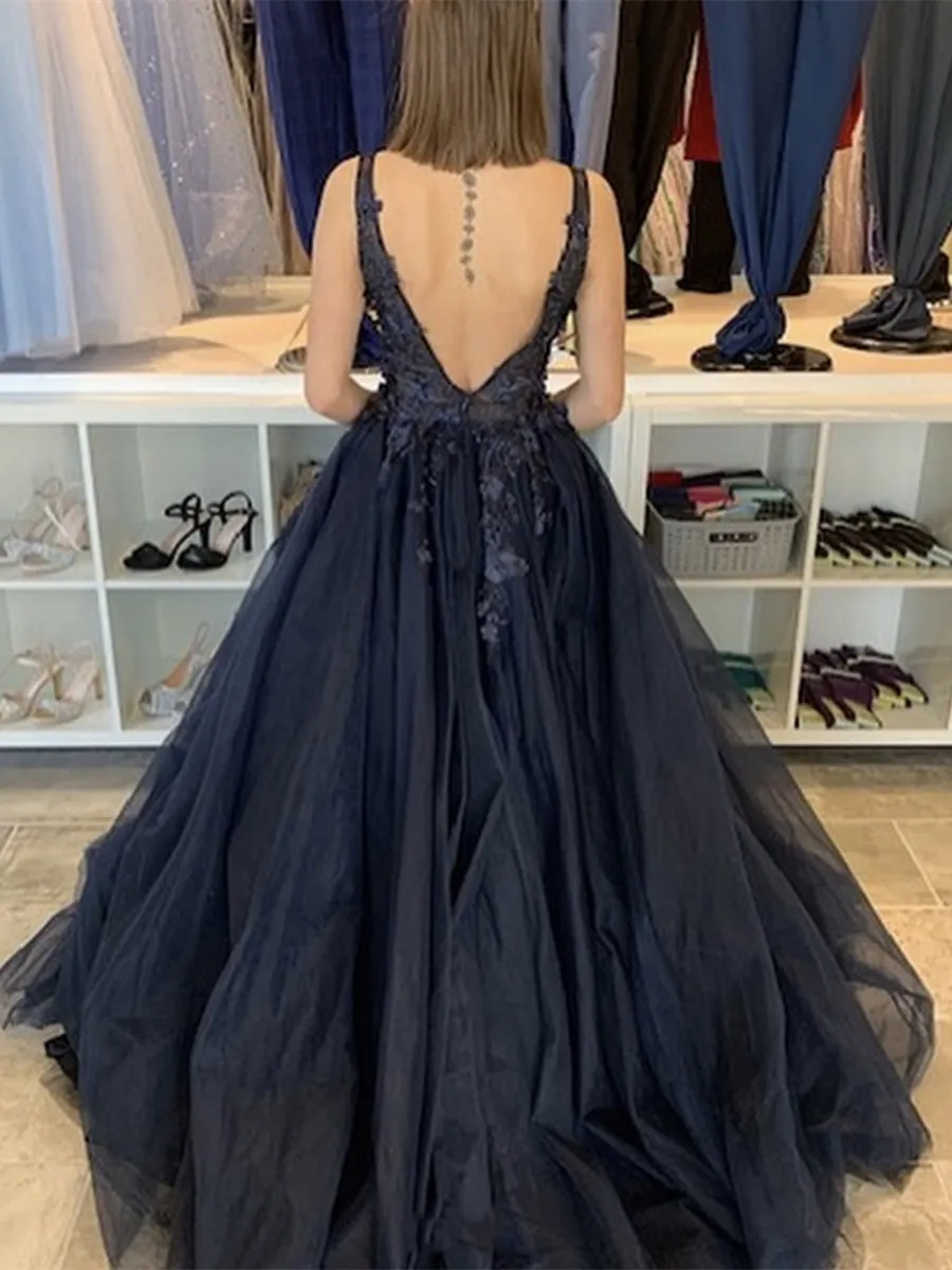 Black A-line V Neck Tulle Open Back Appliques Lace Long Prom Dresses