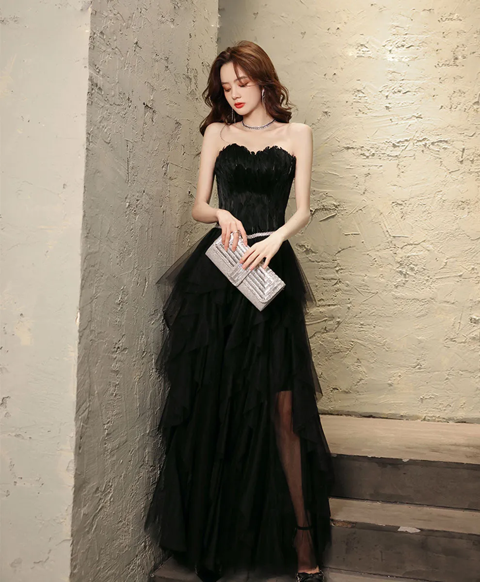 Black Aline Tulle Long Prom Dress, Black Formal Evening Dress with Feather