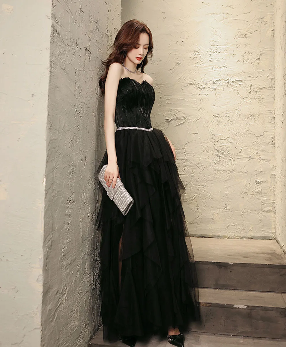 Black Aline Tulle Long Prom Dress, Black Formal Evening Dress with Feather