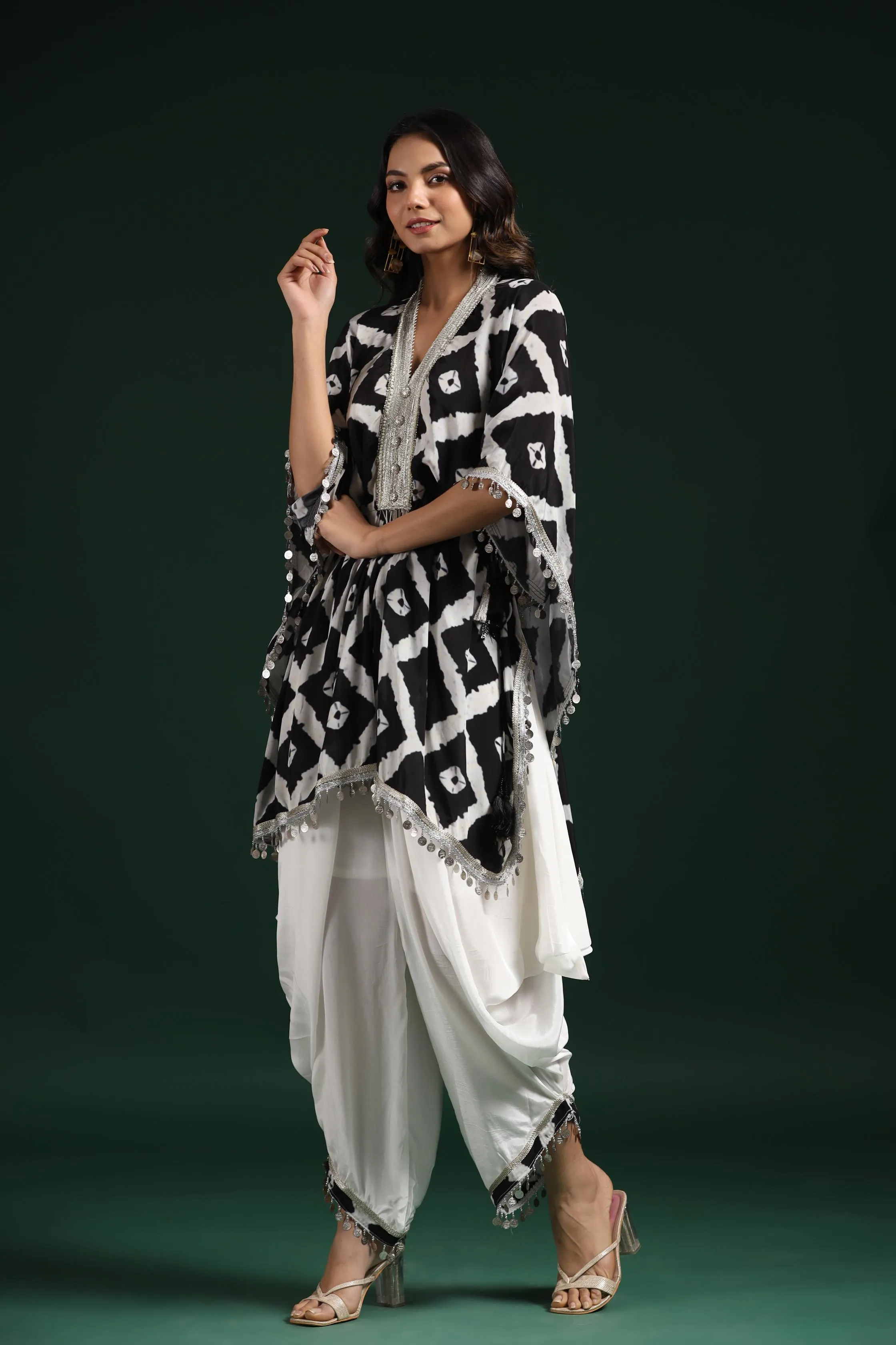 Black & White Printed Habutai Silk Kaftan Dhoti Set