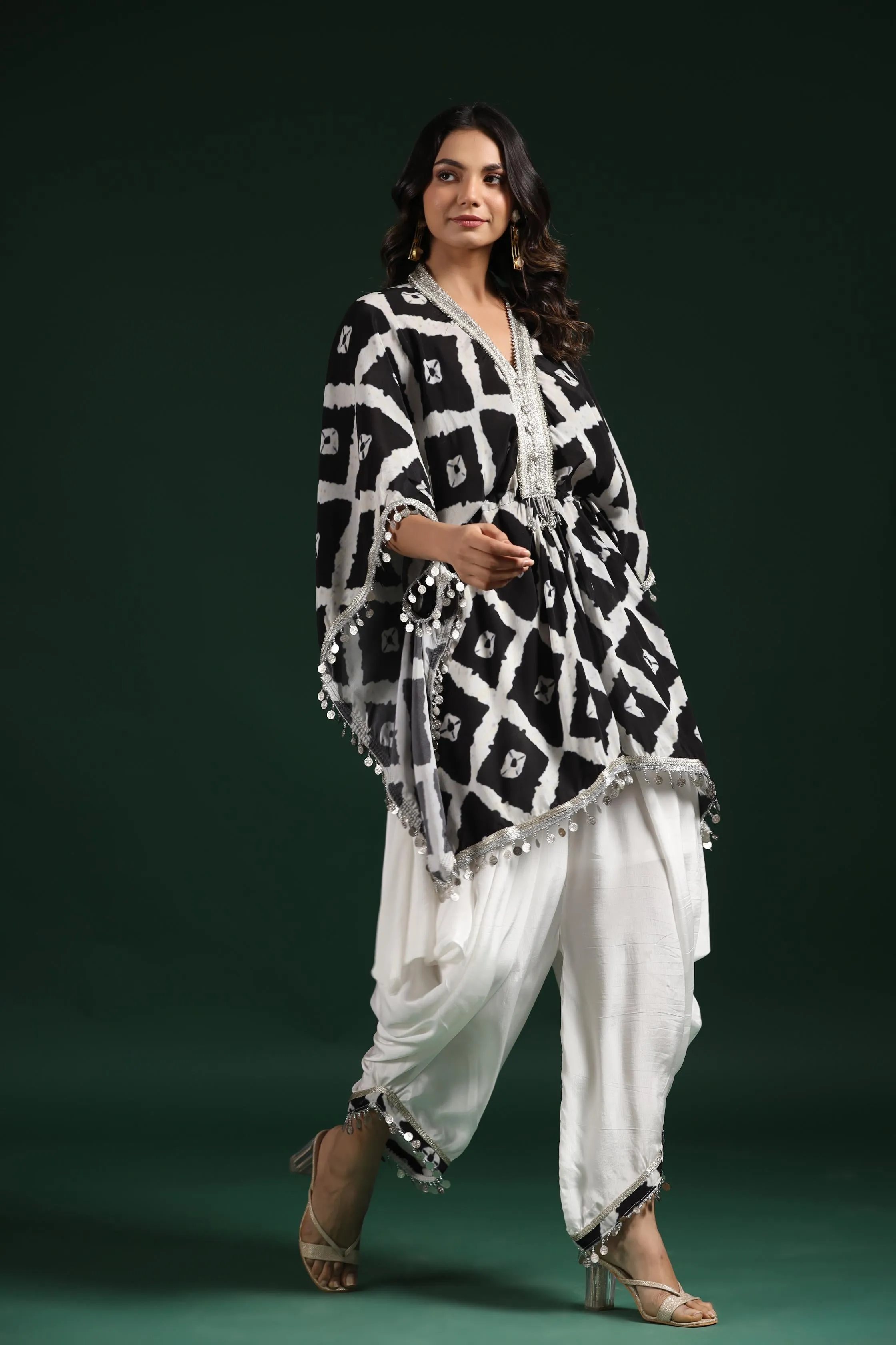 Black & White Printed Habutai Silk Kaftan Dhoti Set