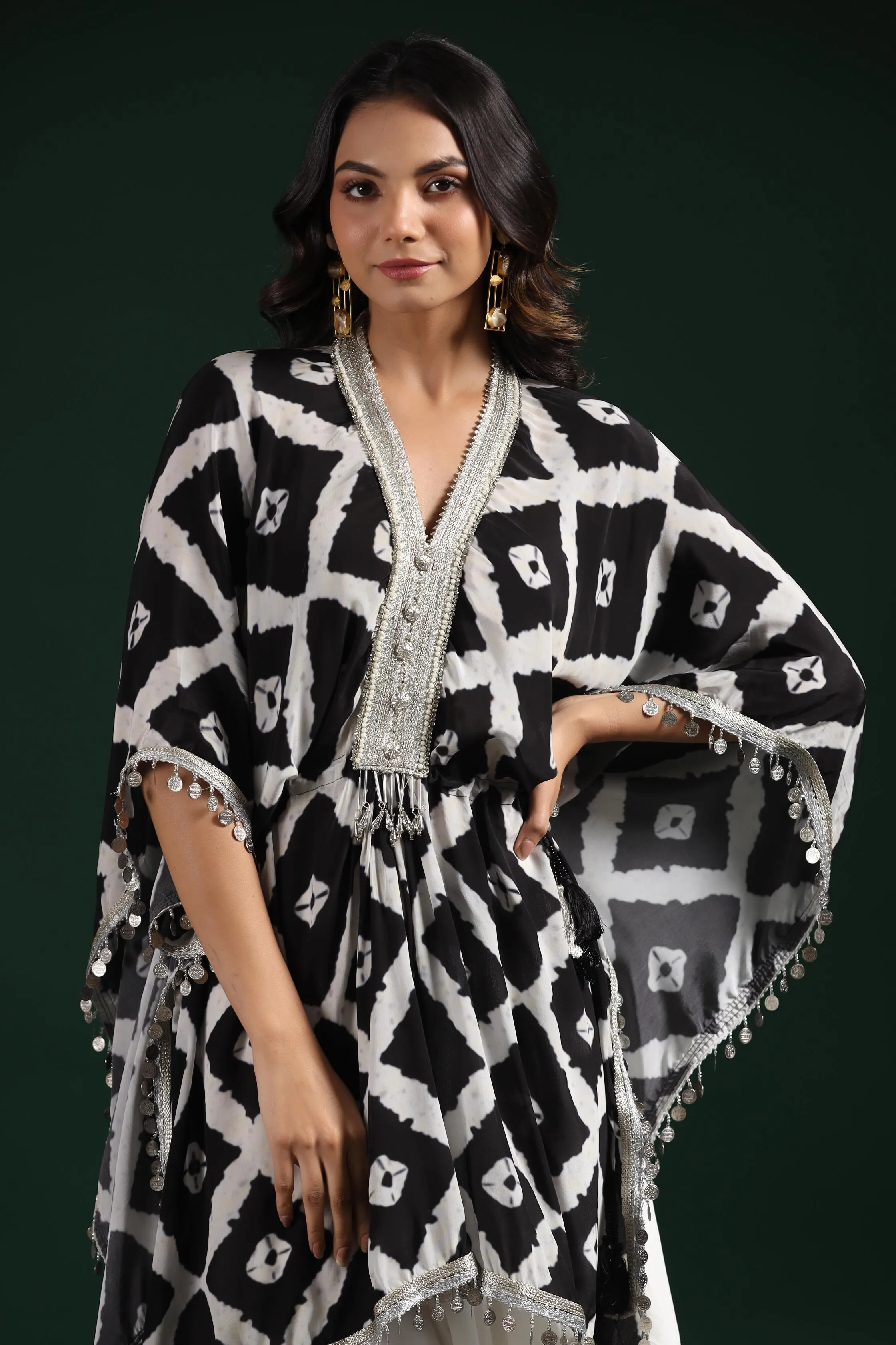 Black & White Printed Habutai Silk Kaftan Dhoti Set