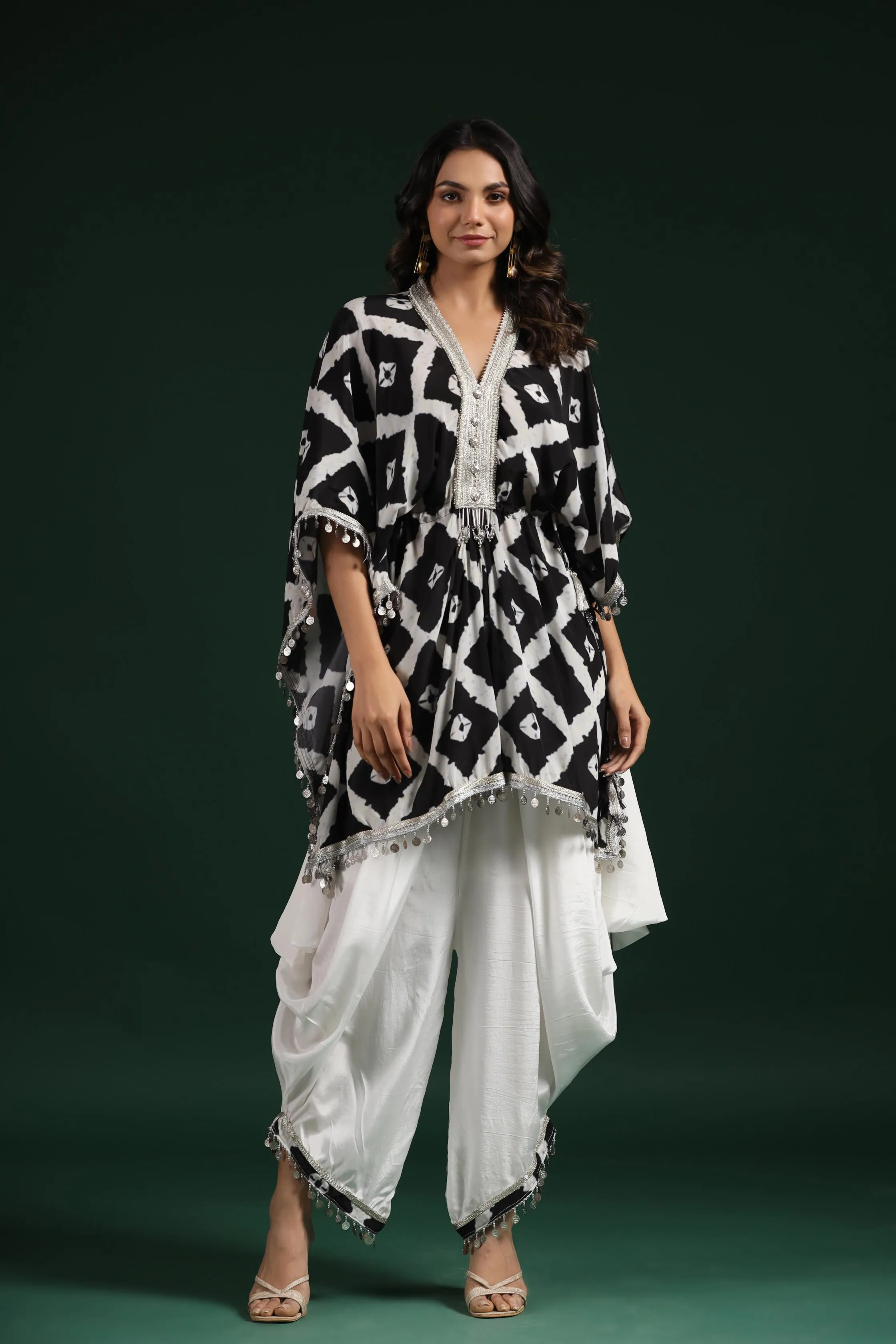 Black & White Printed Habutai Silk Kaftan Dhoti Set