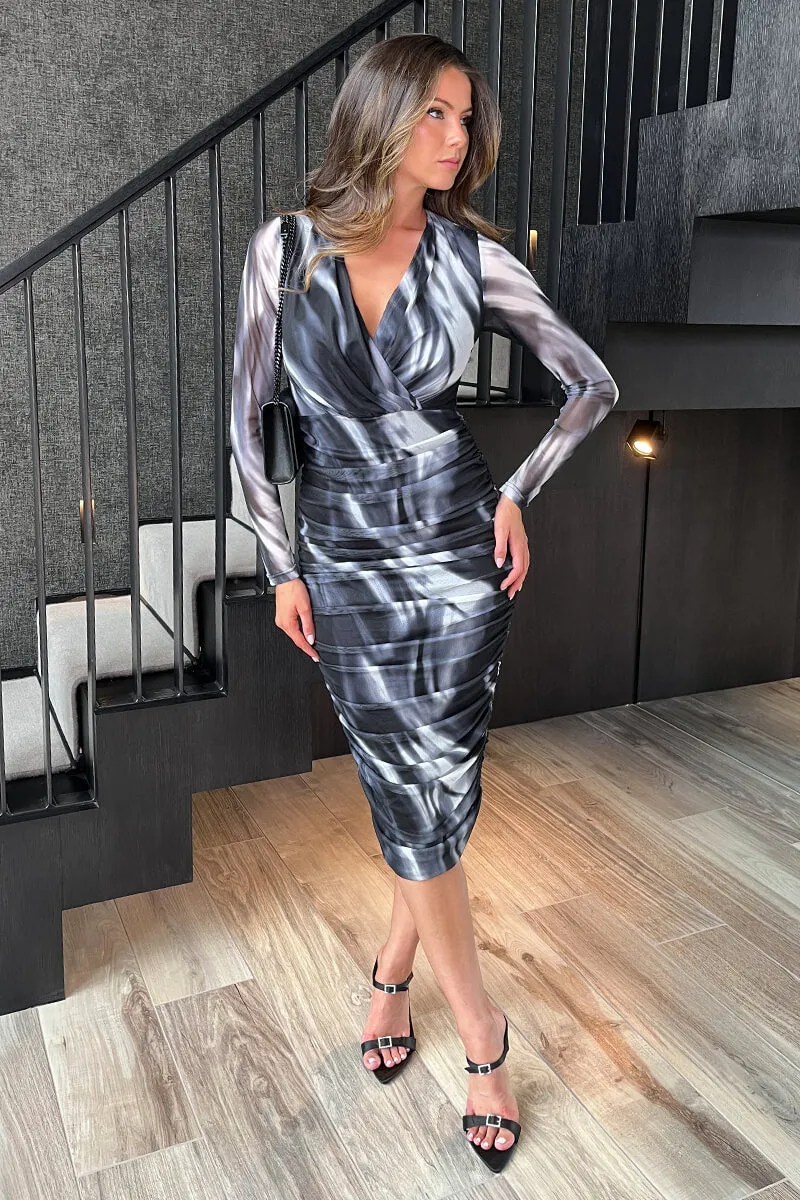 Black And White Marble Print Wrap Long Sleeve Ruched Mesh Midi Dress