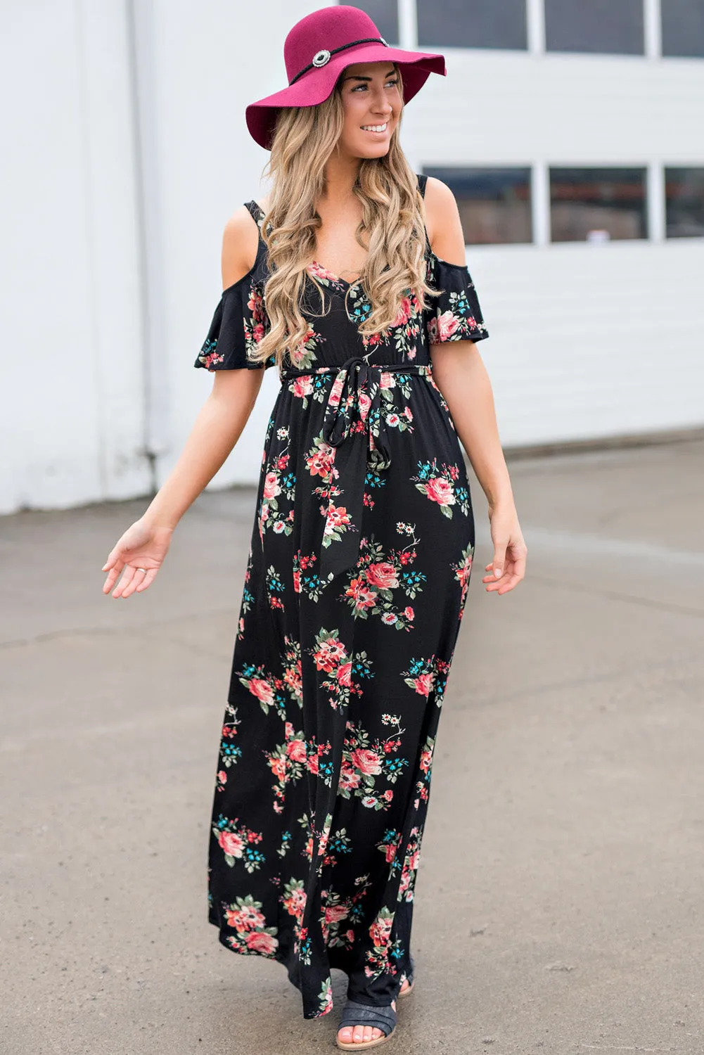 Black Floral Cold Shoulder Maxi Dress