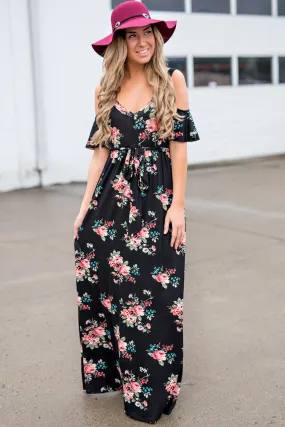 Black Floral Cold Shoulder Maxi Dress