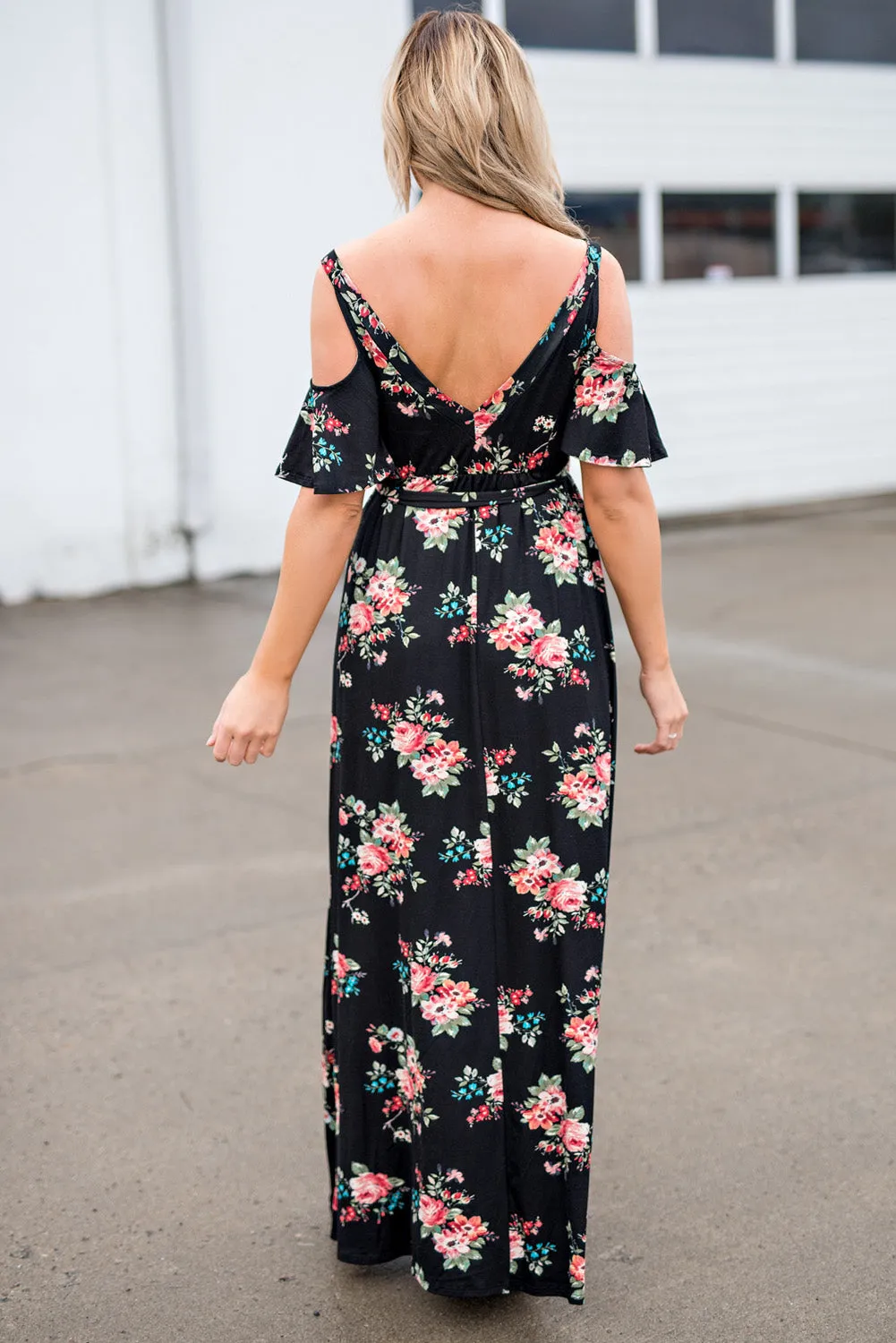 Black Floral Cold Shoulder Maxi Dress