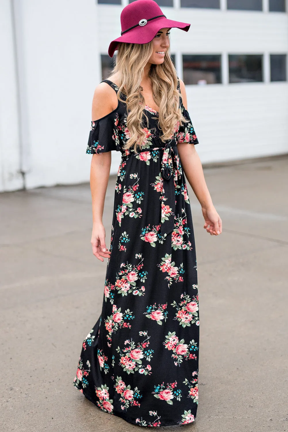 Black Floral Cold Shoulder Maxi Dress