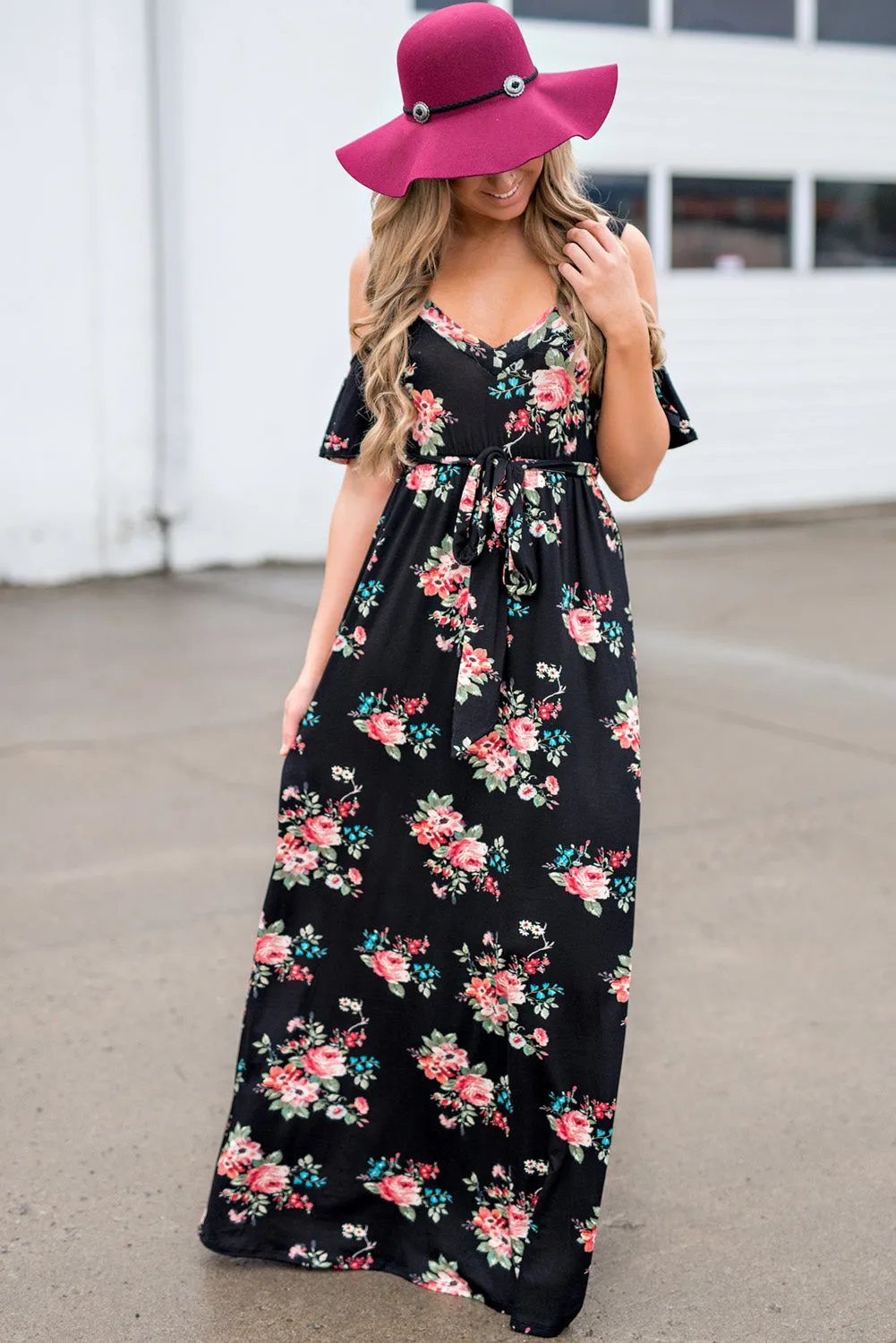 Black Floral Cold Shoulder Maxi Dress