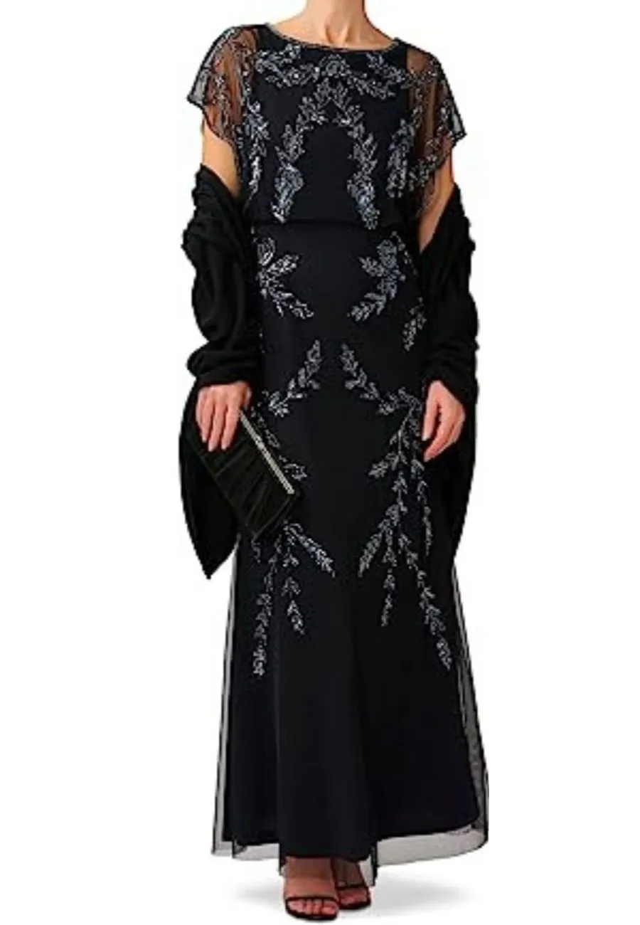 Black Flutter Sleeves Beaded Blouson Gown