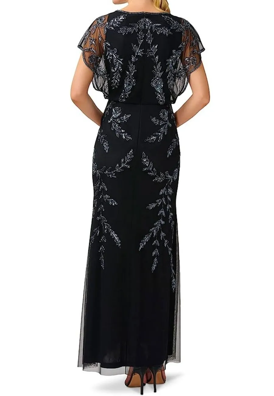 Black Flutter Sleeves Beaded Blouson Gown