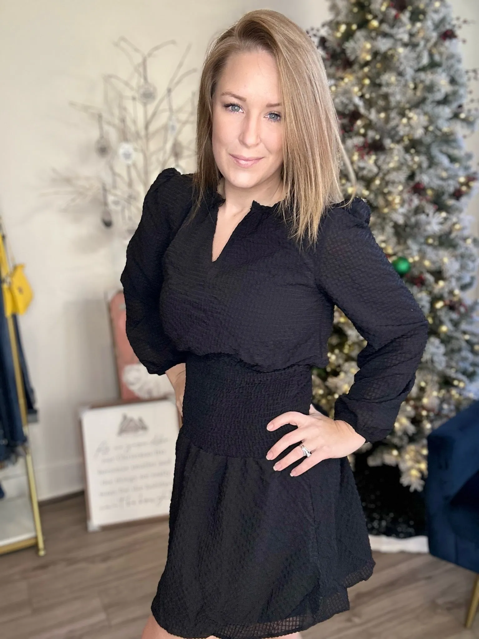 Black Long Sleeve Flutter Dress