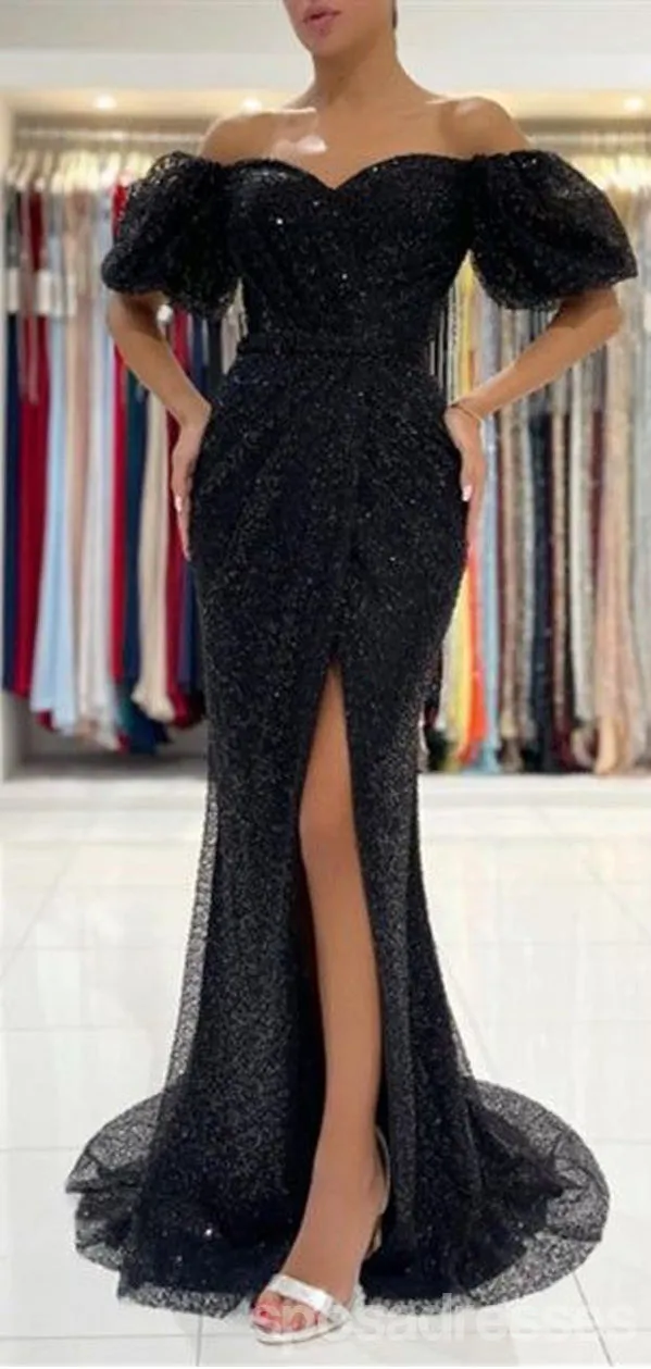 Black Mermaid Off Shoulder High Slit Cheap Long Prom Dresses,12942