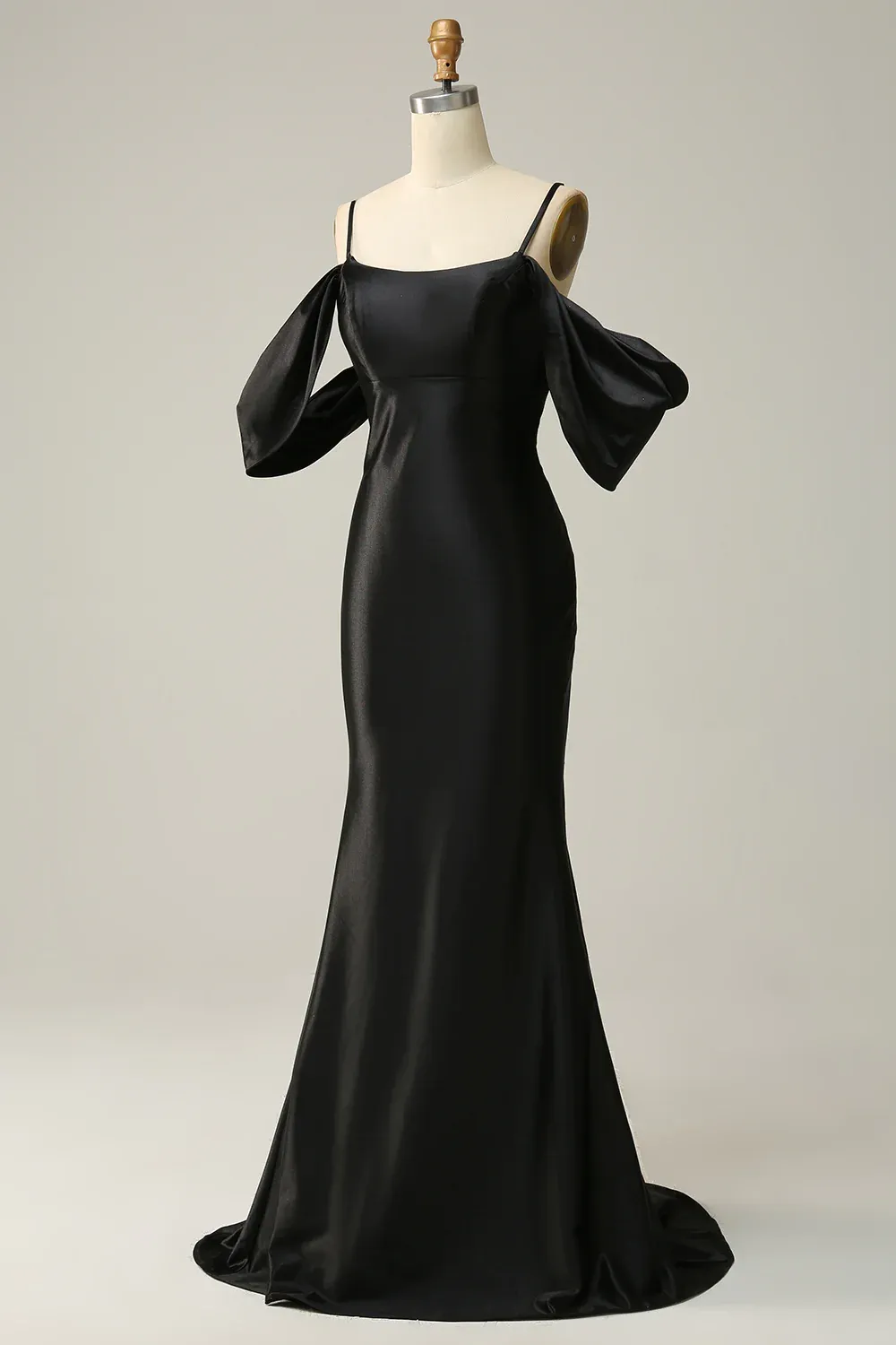 Black Off Shoulder Open Back Satin Mermaid Long Prom Dress,DP1534