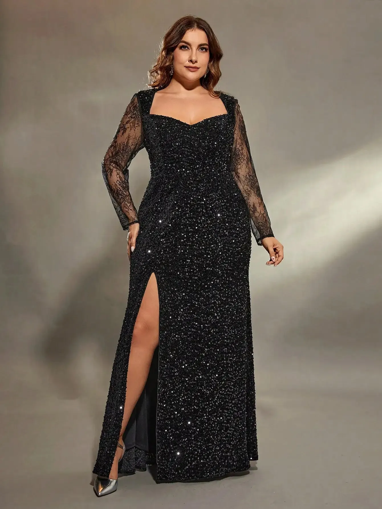 Black Plus Size Sequin Lace Long Sleeve Party Dress