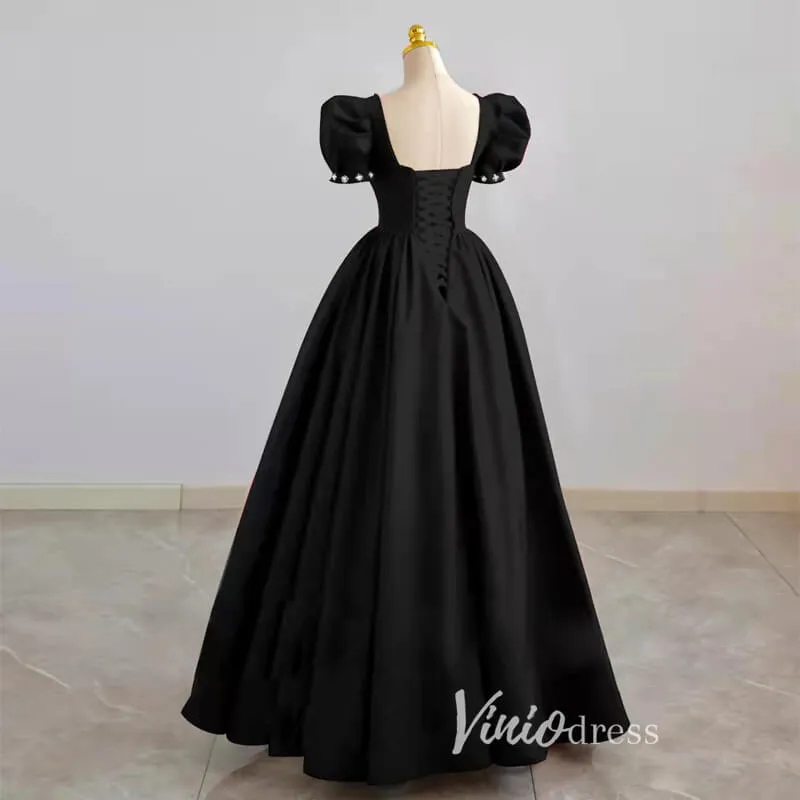 Black Satin Prom Dresses Puffed Sleeve Formal Gown FD3244