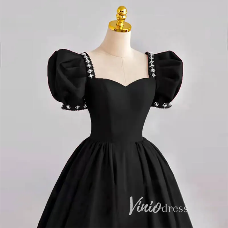 Black Satin Prom Dresses Puffed Sleeve Formal Gown FD3244