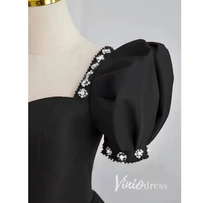 Black Satin Prom Dresses Puffed Sleeve Formal Gown FD3244