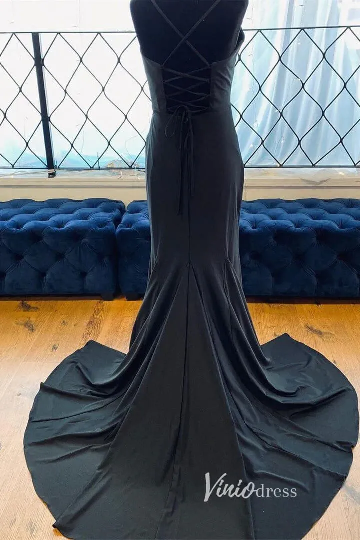 Black Satin Prom Dresses with Slit Mermaid Spaghetti Strap Formal Gown FD3289