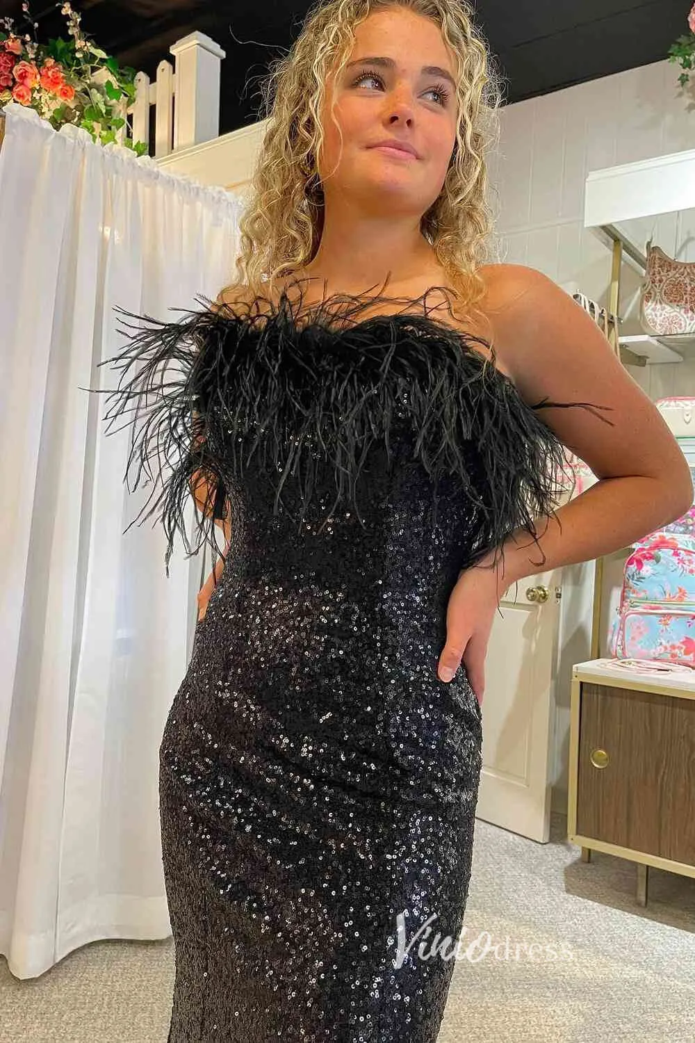 Black Sequin Prom Dresses with Slit Feather Evening Gown FD2741