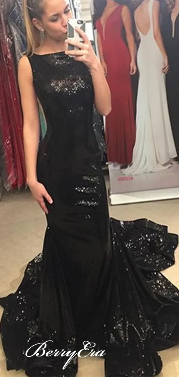 Black Sequins Newest Long Evening Party Prom Dresses, Formal Prom Dresses