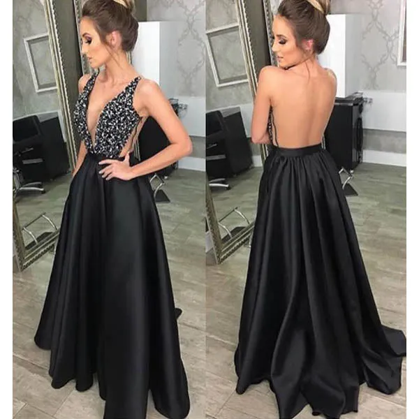 Black Sexy Seen Through Back Cheap Long Evening Prom Dresses, WG1015