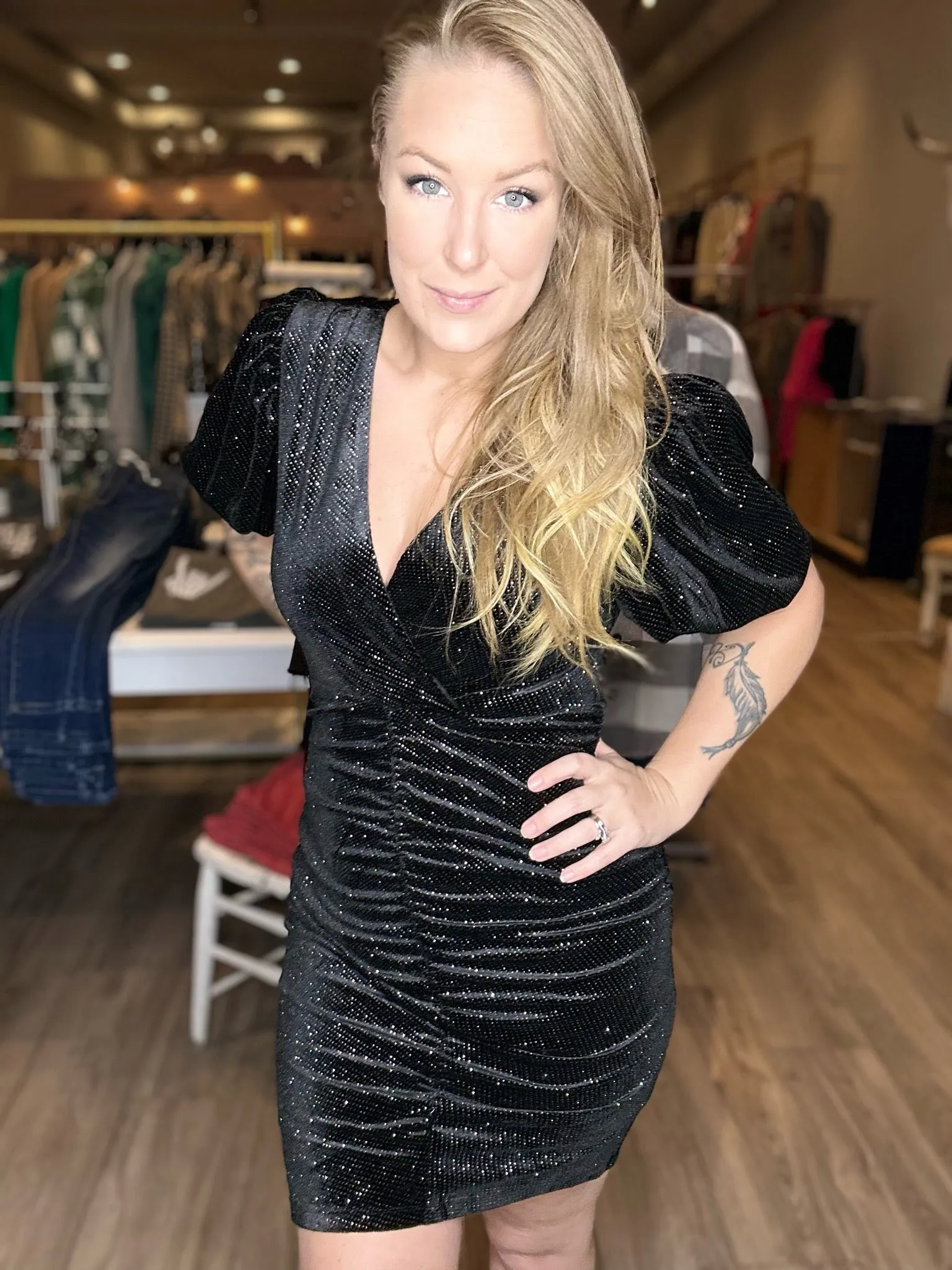 Black Shimmer Ruched Mini Dress