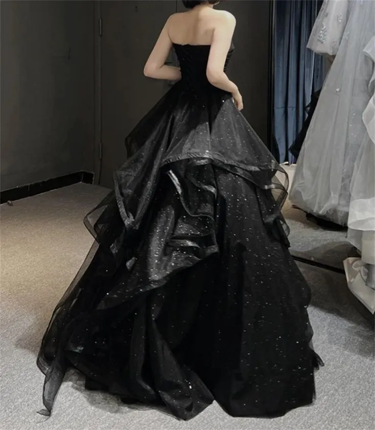 Black Shiny Sweetheart Strapless A-Line Long Party Dress Evening Gown,DP1861