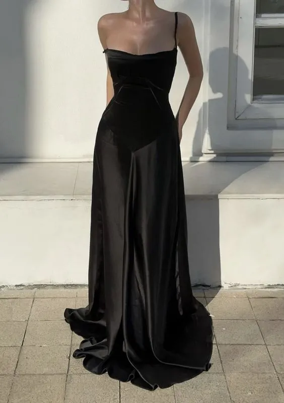 Black Spaghetti Straps A-Line Satin Elegant Long Party Dress,DP1994