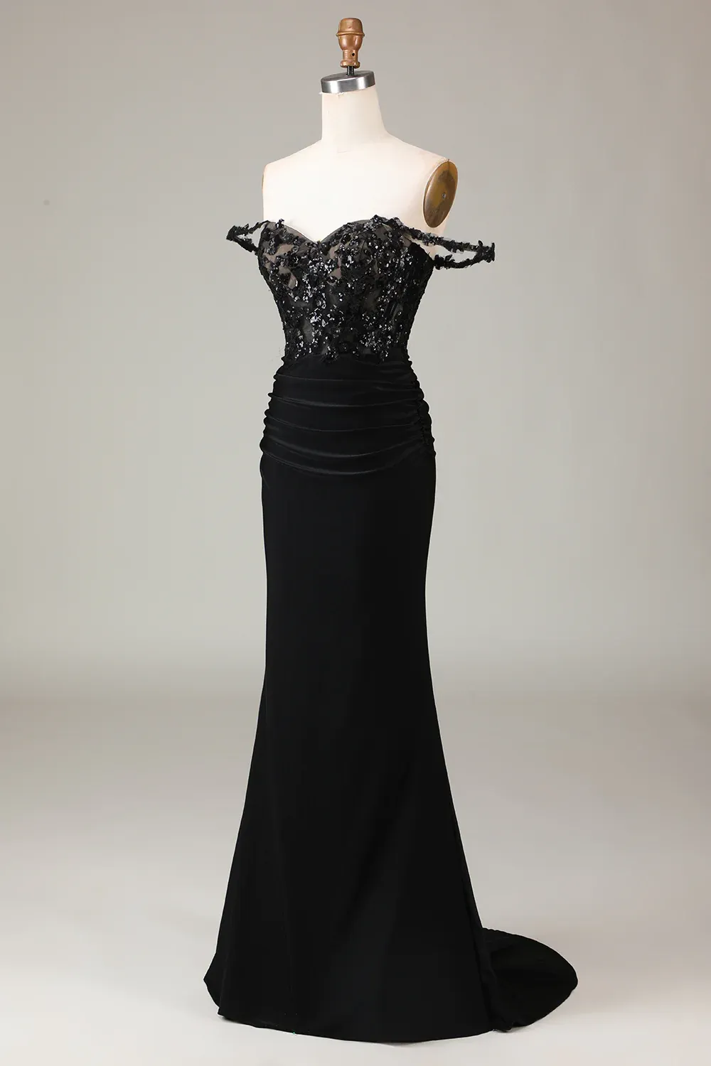 Black Sparkly Off Shoulder Sequined Mermaid Long Prom Dress,DP1531