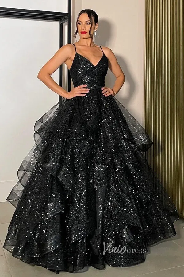 Black Sparkly Tiered Ruffle Prom Dresses Spagheti Strap Ball Gown FD3586