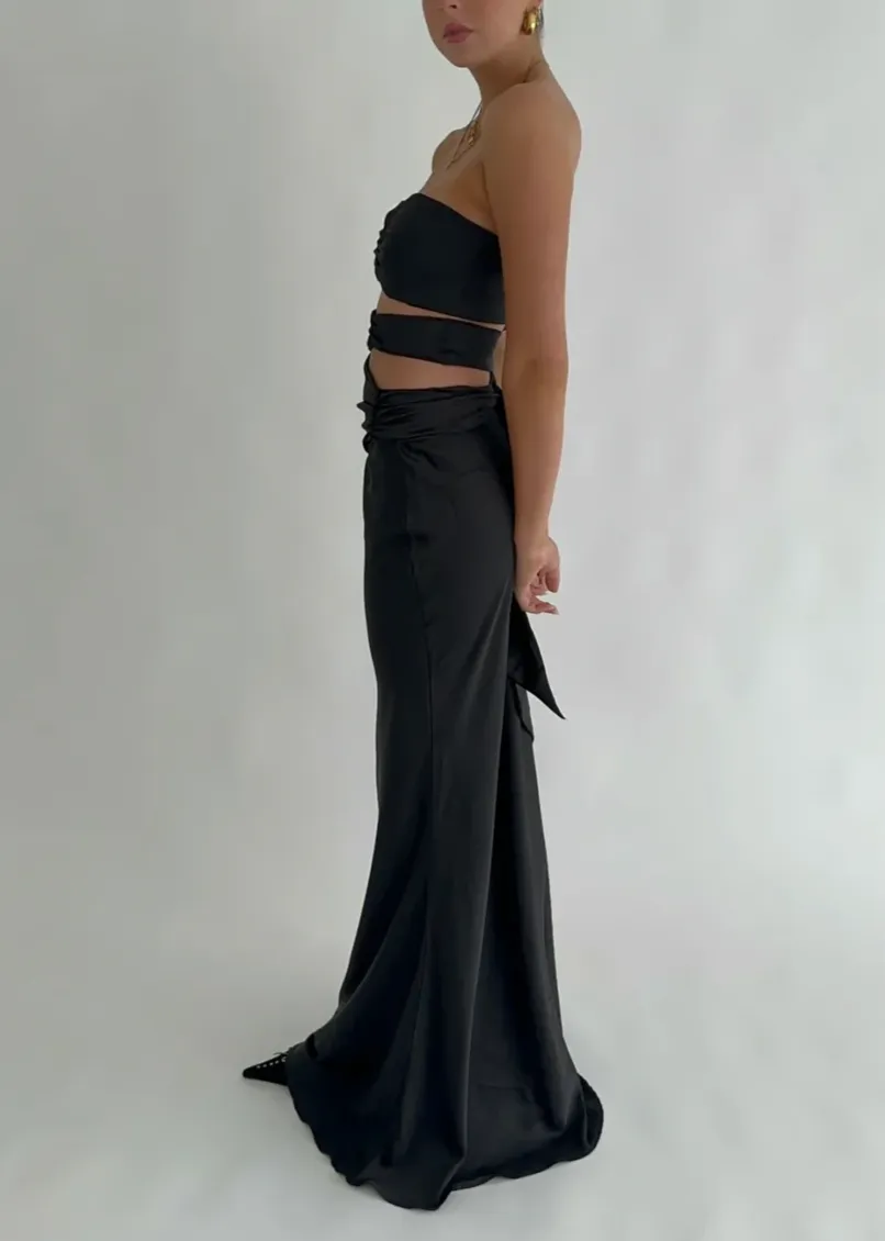 Black Strapless Satin Classy Simple Long Party Dress, DP2630