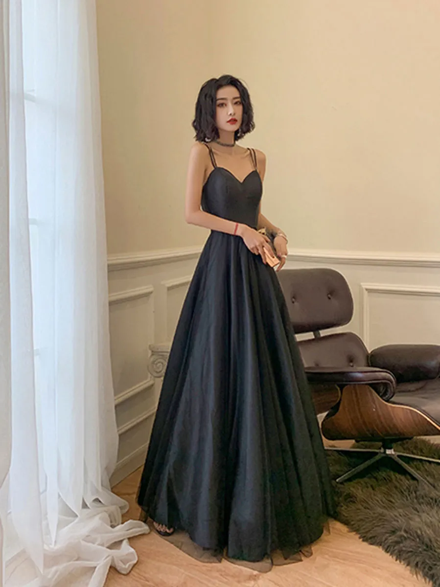 Black sweetheart neck long prom dress, backless tulle black party dress