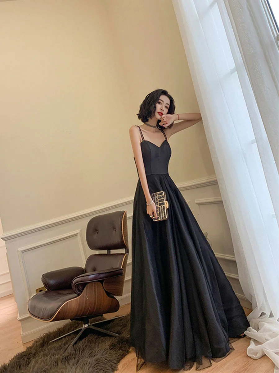 Black sweetheart neck long prom dress, backless tulle black party dress