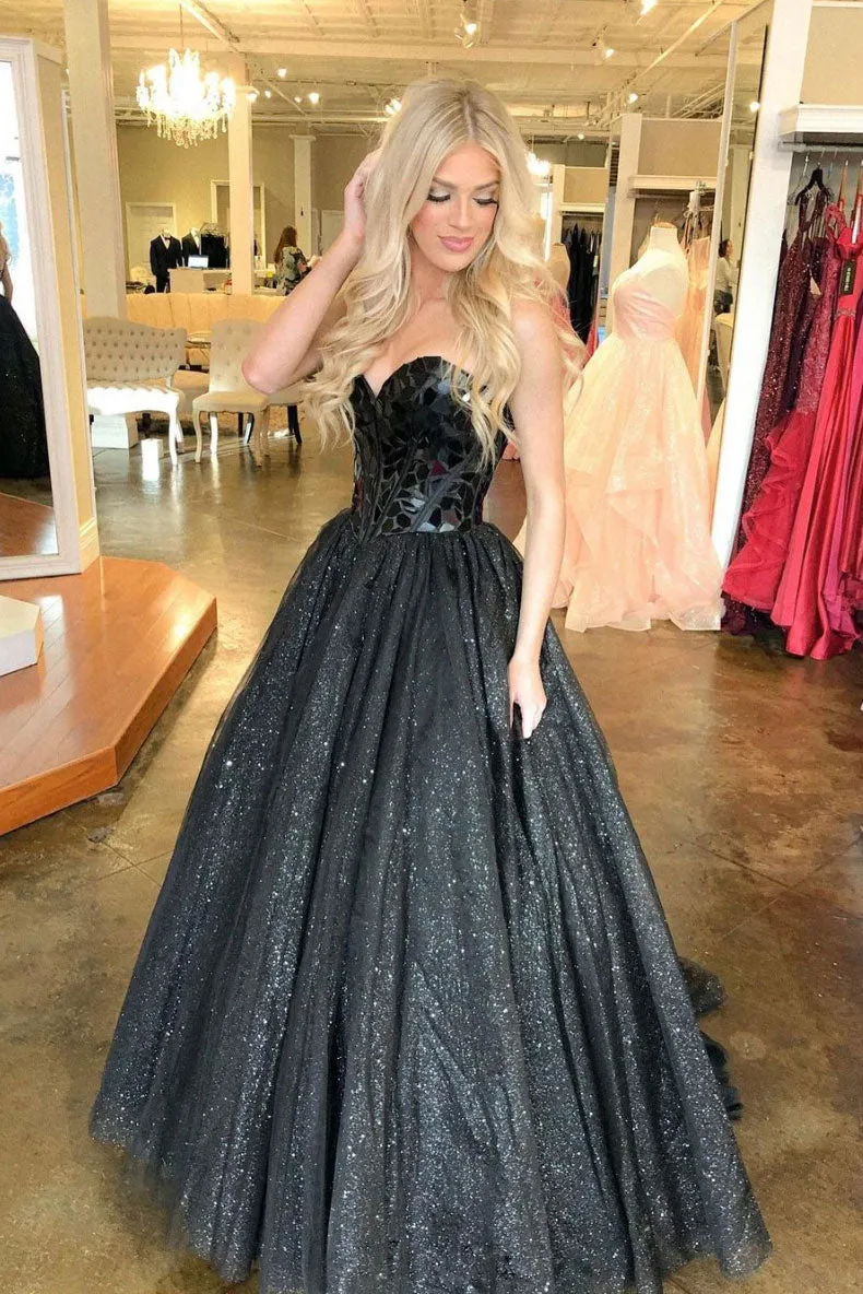 Black sweetheart tulle long prom dress black tulle formal dress