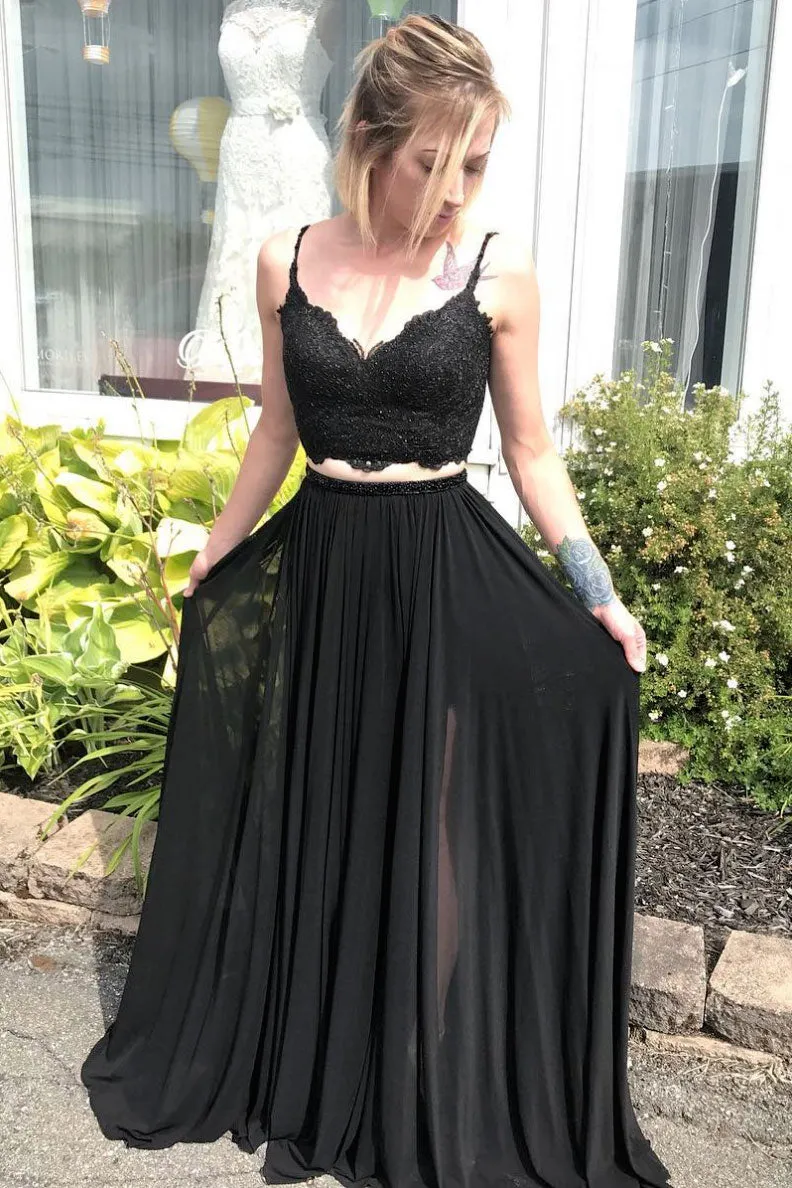 Black two pieces lace long prom dress, black evening dress