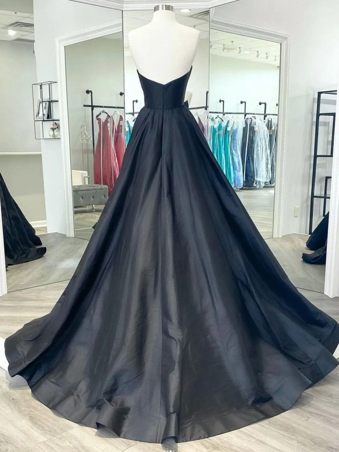 Black v neck satin long prom dress, black evening dress