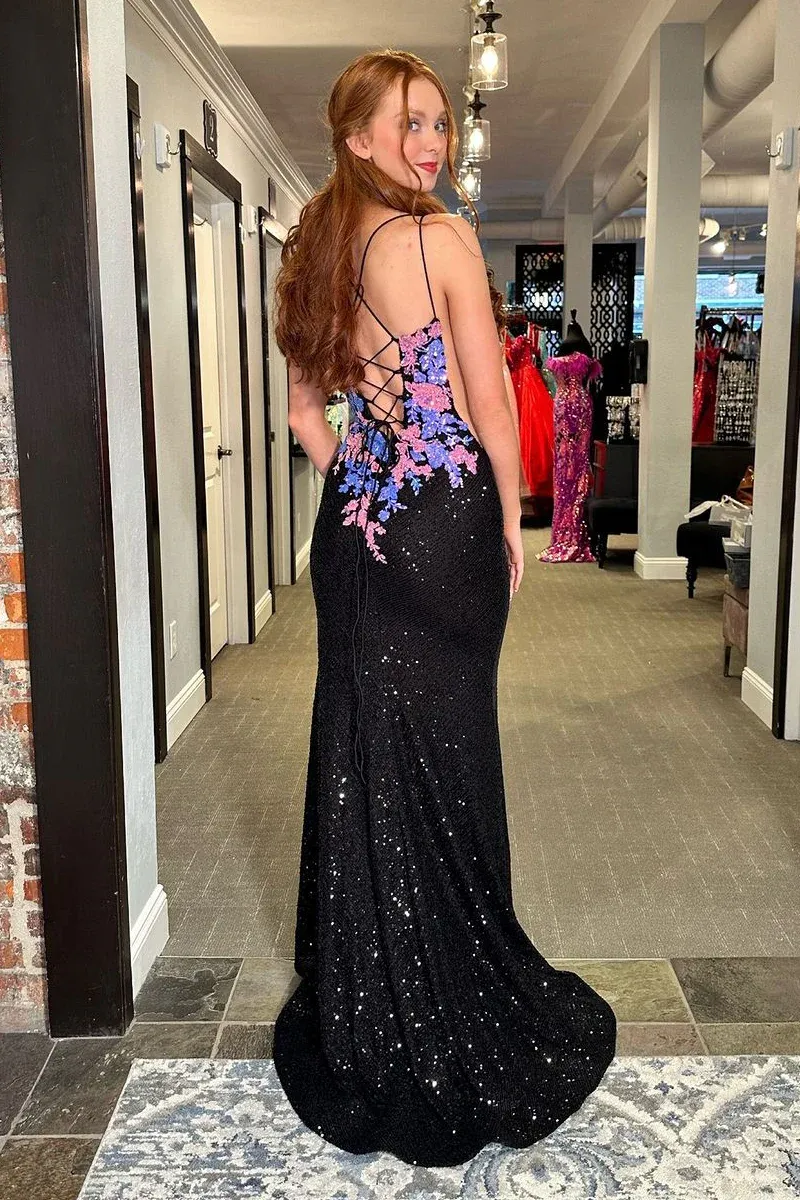 Black V Neck Sequin Lace Mermaid Long Prom Dresses,BD93297