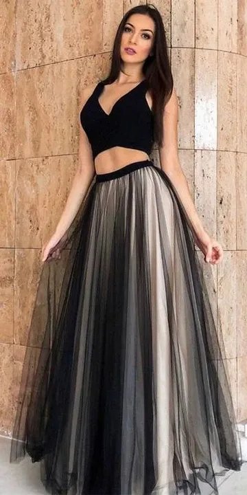 Black V Neck Tulle Two Pieces Long Prom Dresses, V Neck Black 2 Pieces Long Formal Evening Dresses