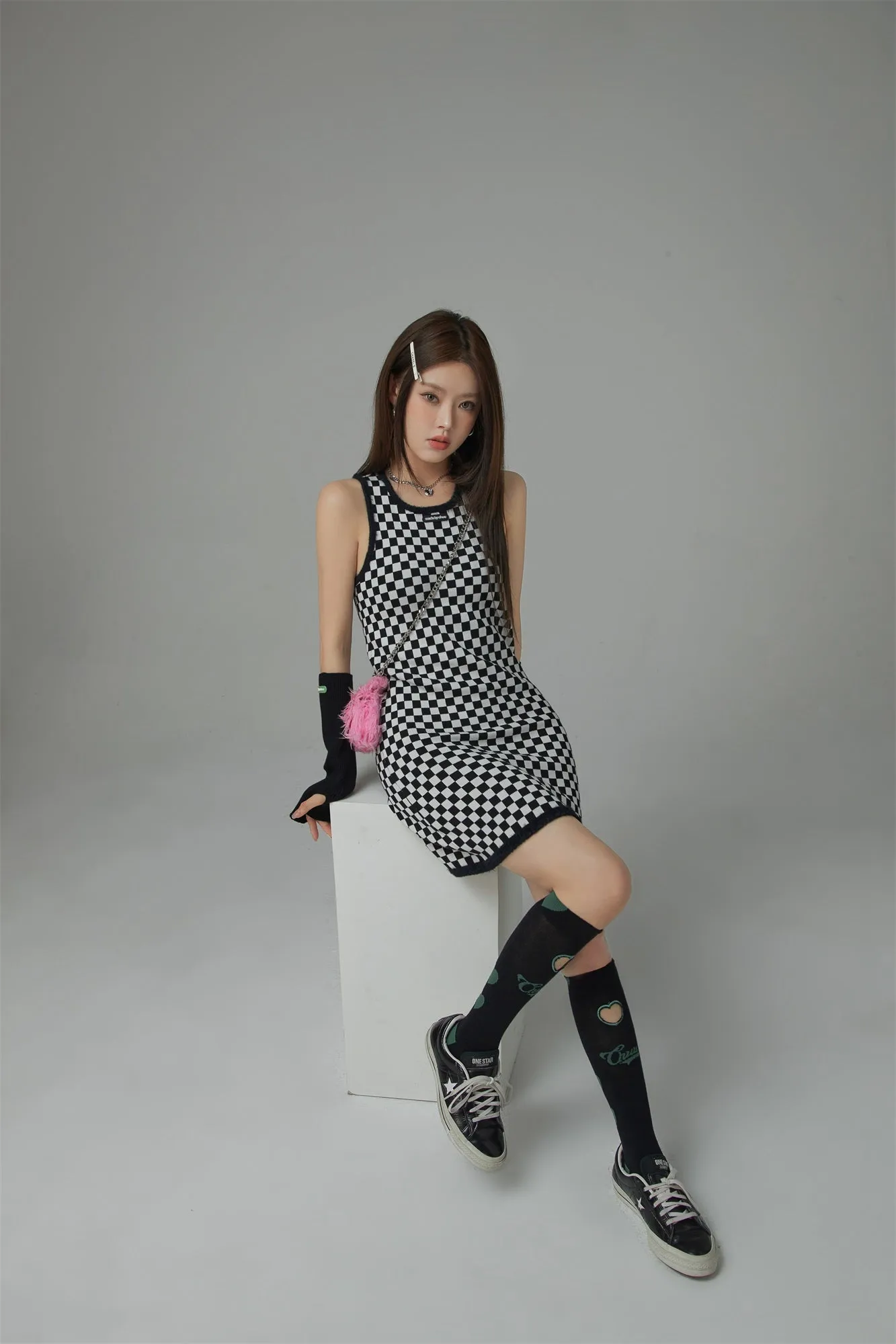 Block Checkered Print Short Dress