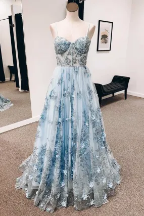 Blue 3D Floral Lace Sweetheart A-Line Long Prom Dress,DP390