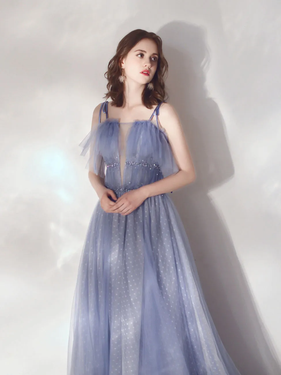 Blue A-Line Tulle Long Prom Dresses, Blue Formal Graduation Dresses