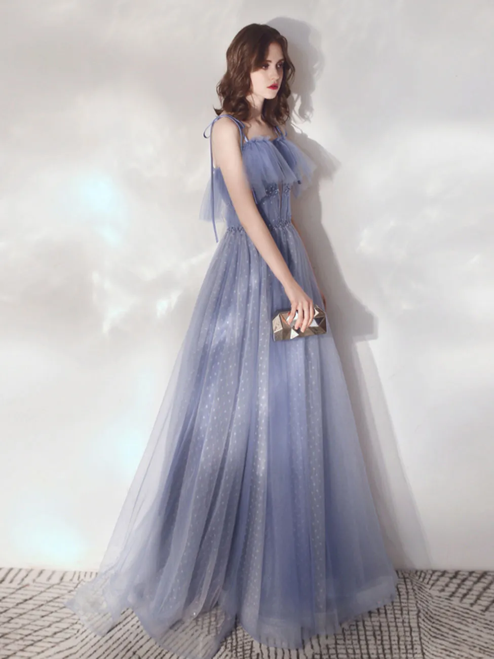 Blue A-Line Tulle Long Prom Dresses, Blue Formal Graduation Dresses