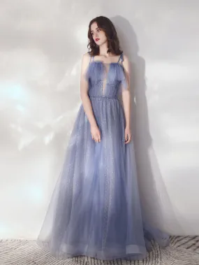 Blue A-Line Tulle Long Prom Dresses, Blue Formal Graduation Dresses