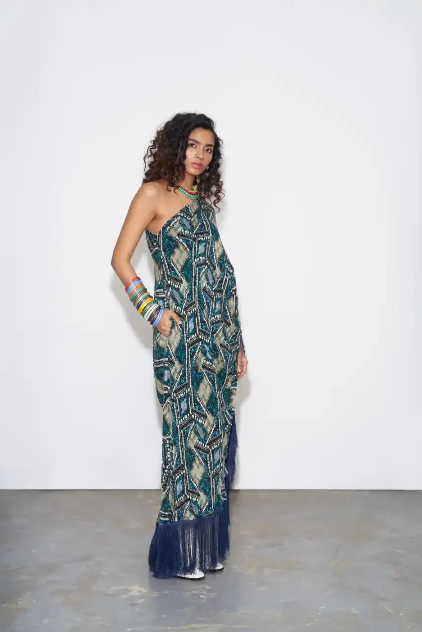 Blue Abstract Printed one Shoulder Kaftan