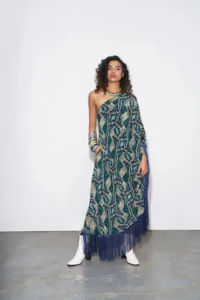 Blue Abstract Printed one Shoulder Kaftan